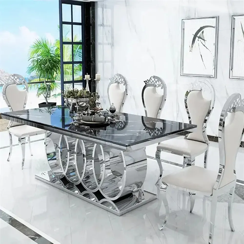 A fábrica vendas o restaurante de aço inoxidável moderno apresenta mesas de jantar cromado nodic com cadeiras em fushan