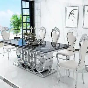 Venta de fábrica, mesas modernas de restaurante de acero inoxidable, mesa de comedor, mesas de comedor cromadas nodic con sillas en Foshan