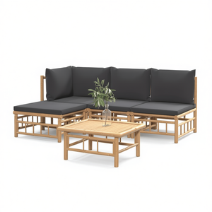 Salon de jardin avec structure en bambou et coussins pour usage extérieur, 6 places, style tropical - Product Image 1