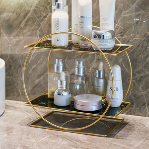 Double Layer Round Metal Storage Rack For Bathroom Cosmetics And Toiletries Freestanding With <b>Mirror</b> Tray - Product Image 3
