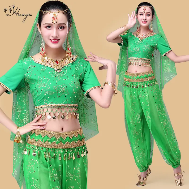 녹색 인도 댄스 의류 새로운 민속 댄스 꽃 바지 성능 의류 여성
