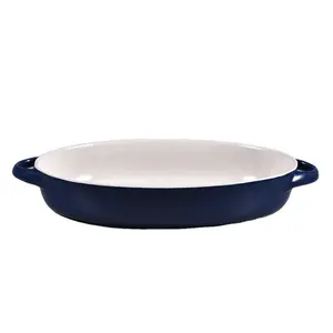 Oval shape non-stick ceramic bakeware home hotel kitchen stoneware baking dish roasting pan with handle