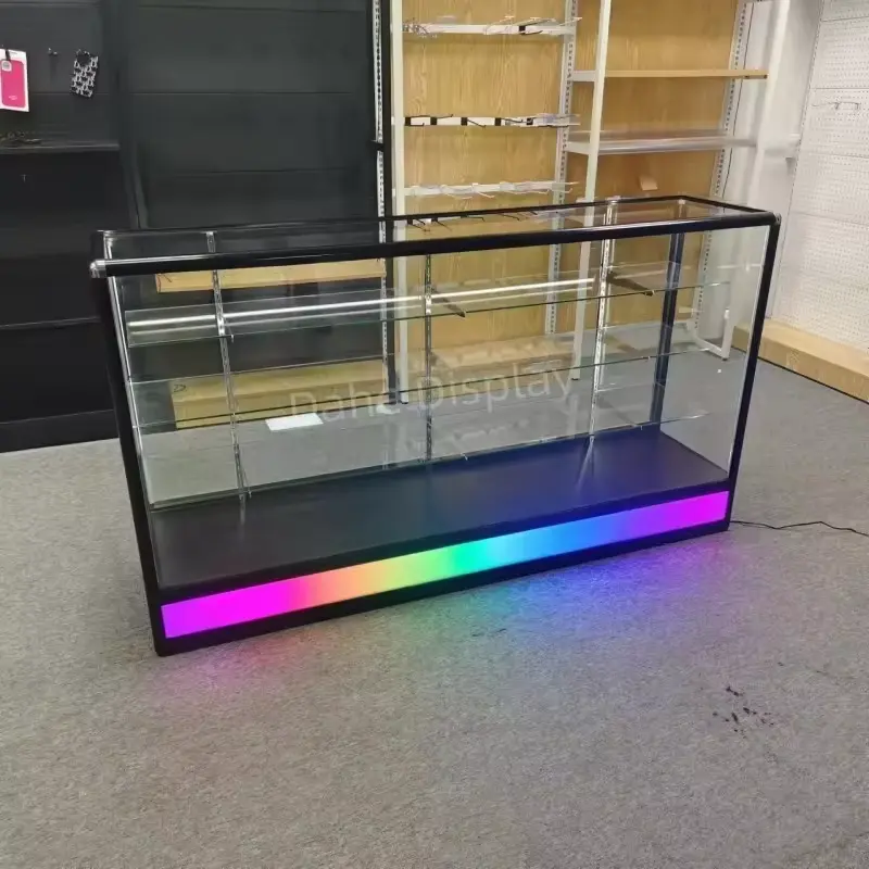 70inch Full Vision Aluminum Frame Show Case with Led lights Smoke Shop Colorful Base Glass Display Cabinet Modern Showcase