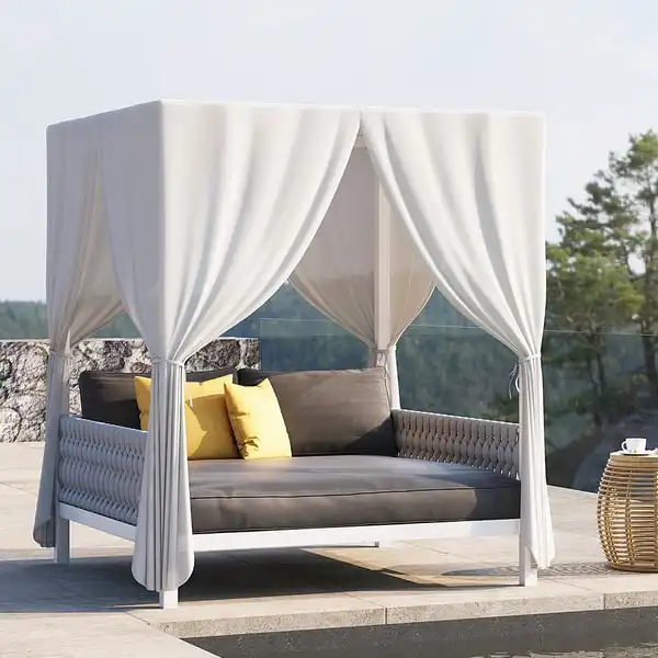 Balcon hôtel mobilier de jardin moderne blanc aluminium gris corde tissée 2 personnes patio extérieur lit de jour avec rideaux à baldaquin