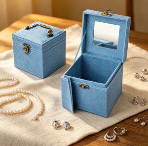 Boîte à bijoux en tissu bleu ciel avec miroir et poignée, organiseur de bijoux vintage portable, étui de voyage portable - Product Image 6