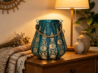 Lanterne en fer effet céramique verte avec poignée en corde de chanvre, guirlande lumineuse à 20 LED, personnalisable, décoration pour mariage, salle de bain, maison