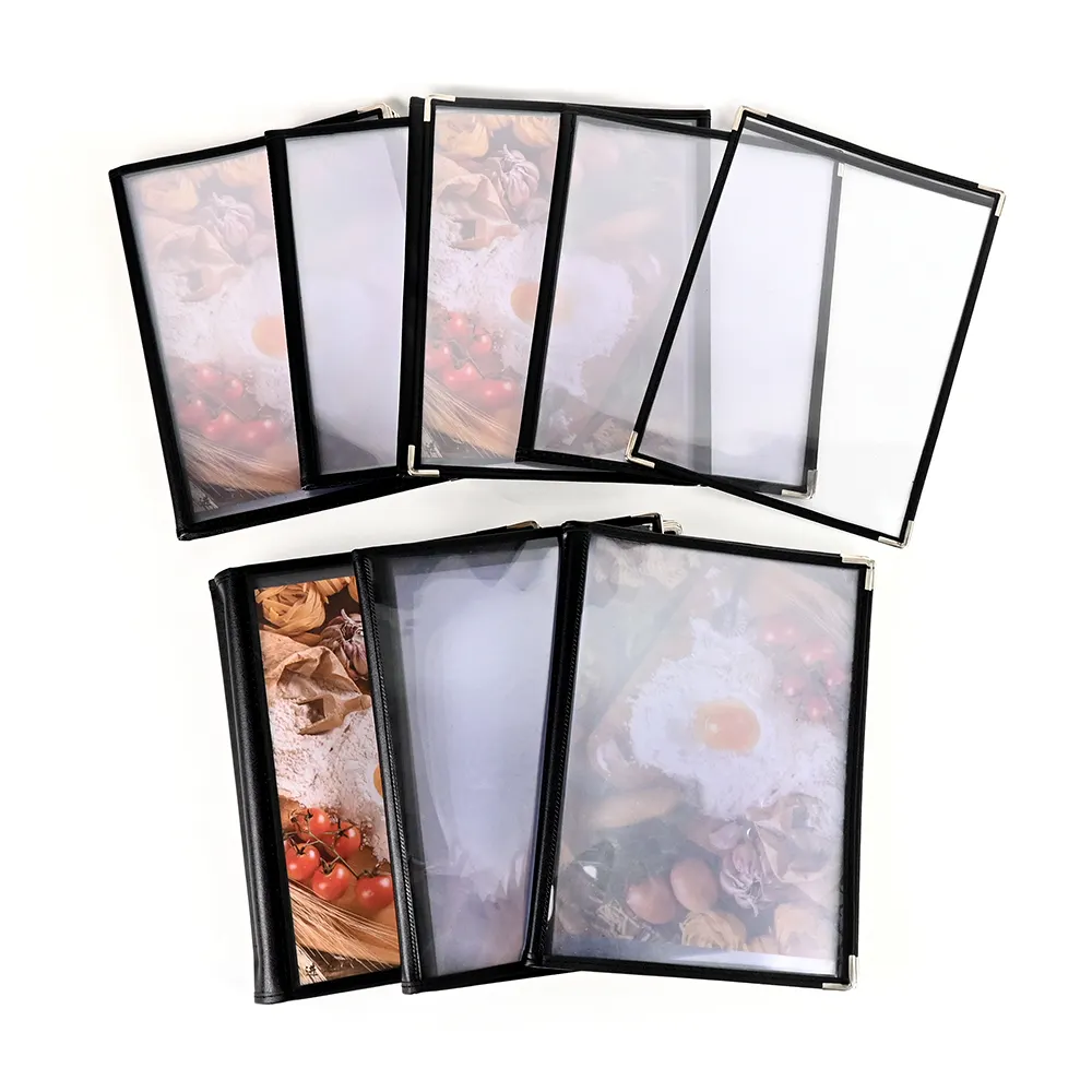 A4/8.5x11 Inches Black Leather PVC Transparent Menu Holder Cover Restaurant Hotel Double View Page Menu Covers Holders