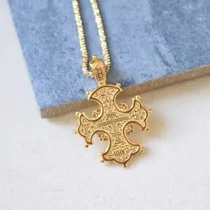 New Design Premium Cheap Price Cross Pendant Necklace Stainless Steel 18k Gold Vermeil Ancient Greek Byzantine Cross Necklace