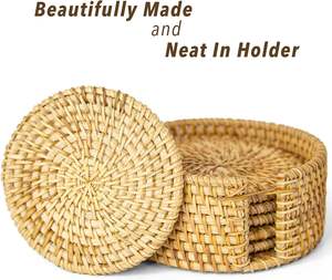 Dessous de verre en rotin tissé naturel Dessous de plat rond résistant à la chaleur pour tasses à thé pour table de cuisine-Ensemble de tapis - Product Image 4