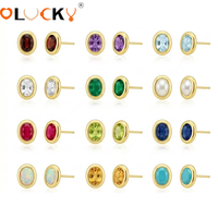 LUCKYJIU Fabricant de bijoux personnalisés – Boucles d'oreilles ovales en acier inoxydable plaqué or 18 carats, étanches, avec 12 pierres de naissance serties de zircone cubique pour femme