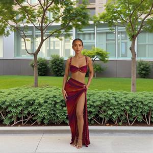 Trendy Printed Casual Crop Top und langer Rock Anzug Hollow Out Gürtel Frauen 2 Stück Strand rock Sets - Product Image 2