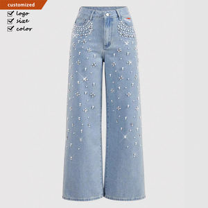 Pantalones Vaqueros Casuales de Corte Recto con Cuentas para Mujer, Ajuste Holgado - Product Image 1