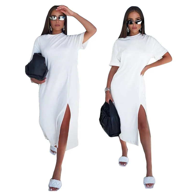 Wholesale New Arrival White Dress Fashion Casual Split Loose Up Cotton Maxi Long Women Jersey Shirts Dress