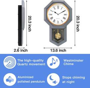 Pendulum Wall <strong>Clock</strong> with <strong>Westminster</strong> <strong>Chime</strong>, Quartz Battery Operated <strong>Clocks</strong> with Auto Night Shut-Off for Home Decor - Product Image 2