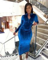 2021 Autumn Solid Plain Langarm Half Zipper Plus Size Samt Bandage Party Abendkleid Frauen Elegante Casual Long Kleider