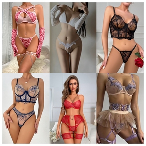 Nouvelle collection de lingerie sexy pour femme : Ensemble soutien-gorge à armatures en dentelle, avec string et porte-jarretelles, motif floral, extensible et ajouré - Product Image 4