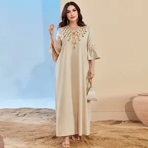 2024 Custom Eid Elegant Islamic V Neck Beaded Solid Maxi Plus Size Women's Clothing Dresses Moroccan Kaftan