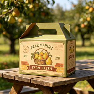 Caja de regalo de <span class=keywords><strong>mimbre</strong></span> grabada con diseño personalizado, caja de cartón tipo Gable para peras, empaque vintage de calidad para productos frescos de granja. - Product Image 1