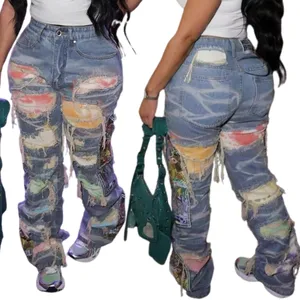2024 женские модные рваные мешковатые джинсы со сложенными брюками в стиле ретро Прямые Цветные брюки с высокой талией джинсовые мешковатые брюки