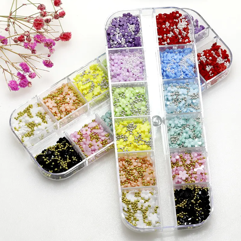 ND1513 12 Grids Flower 3D Nail Charms Acrylic Five Petal Flower Metal Beads Mixed Jewelry Nail Accessories Nail Art Decoration