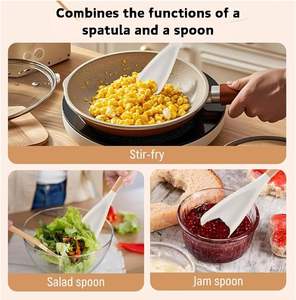 Cuillères multifonctions en silicone, cuillères de service en silicone de qualité alimentaire, spatule en silicone, ustensiles de cuisine en silicone avec manche en bois - Product Image 6