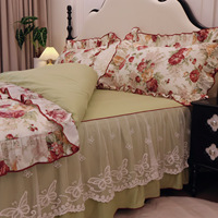 Parure de lit 100% Coton 200TC 130x70 Haute Densité, Jupe de lit à volants florale, Housse de couette brodée style Princesse Coréenne, 4 pièces