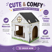 Maison pour chat en carton ondulé avec revêtement UV, personnalisable, en forme de maison de dessin animé, pliable, boîte de retraite pour animaux de compagnie, résistante aux rayures, recyclable