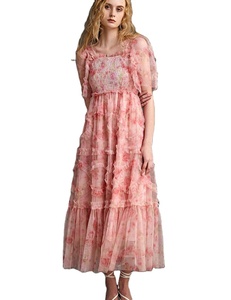 Vestido Maxi de Verano <span class=keywords><strong>2022</strong></span> para Mujer, Elegante, Rosa, con Volantes, Estampado Floral, Malla - Product Image 1