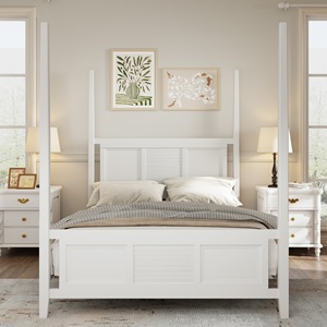 Traditional Solid Wood Four Poster <b>Bed</b> White <b>Queen</b> <b>Size</b> Assemblable Framework Structure - Product Image 1