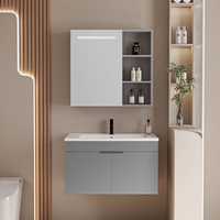 Meuble-lavabo de salle de bain moderne de luxe en acier inoxydable avec miroir intelligent, vasque en céramique et double porte de rangement pour hôtel
