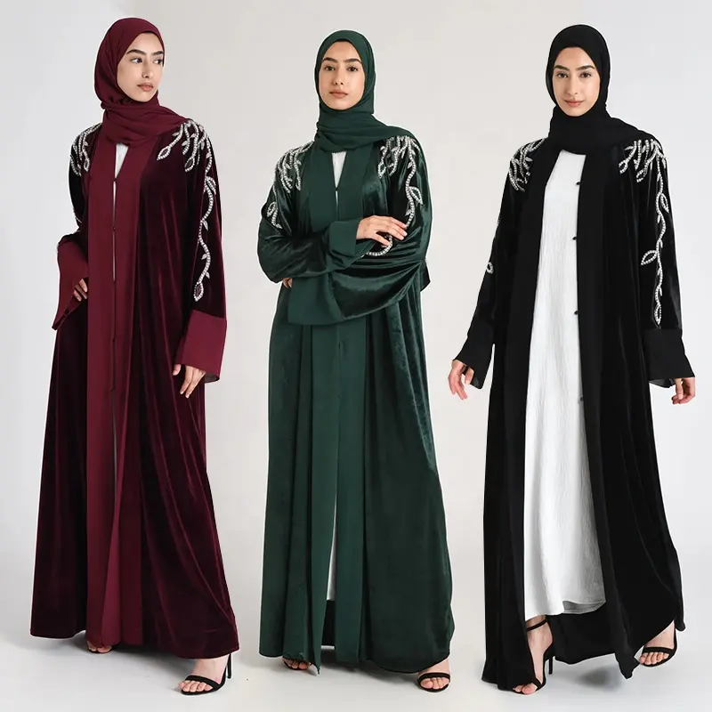Ensemble abaya hijab en velours à manches longues personnalisée de qualité supérieure, vente en gros d'abaya ouverte en velours d'hiver avec hijab