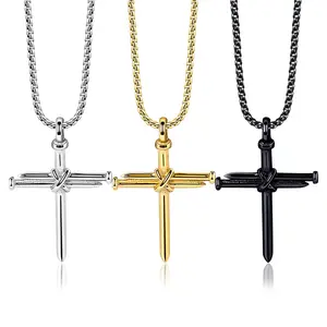 Colar masculino jesus cruz aço inoxidável, peça de colar com dois parafusos prata dourado preto