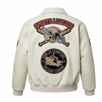 Blouson en cuir blanc crème pour homme, broderie de patchs d'équipes multisports, col à revers, fermeture éclair, style bomber vintage streetwear, personnalisable OEM