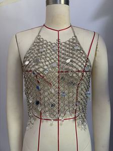 Harnais de corps argenté avec pampilles en cristal, chaîne de poitrine, chaîne à anneaux, bijou de corps à <span class=keywords><strong>disque</strong></span> supérieur, accessoires pour festivals et raves, collier halter - Product Image 2