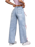 Jean baggy bleu personnalisé Yuanbofei, délavé style vintage, avec nœud décoratif, coupe large, denim ajusté mais non étroit pour femme