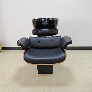 Fauteuil de lavage moderne et confortable en cuir PU noir avec cadre en bois et éponge haute densité, lavabo en céramique, mobilier de salon de coiffure - Product Image 5