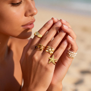 Anillo de acero inoxidable estilo europeo americano con estrella de mar y perla, temática oceánica, chapado en oro de 18k, abierto, para mujer, regalo de joyería. - Product Image 1