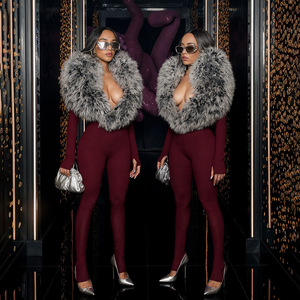 Automne hiver nouveau Sexy col en fourrure femme <span class=keywords><strong>combinaison</strong></span> à manches longues col en V maigre ensemble avec jambières une pièce <span class=keywords><strong>combinaison</strong></span> - Product Image 1