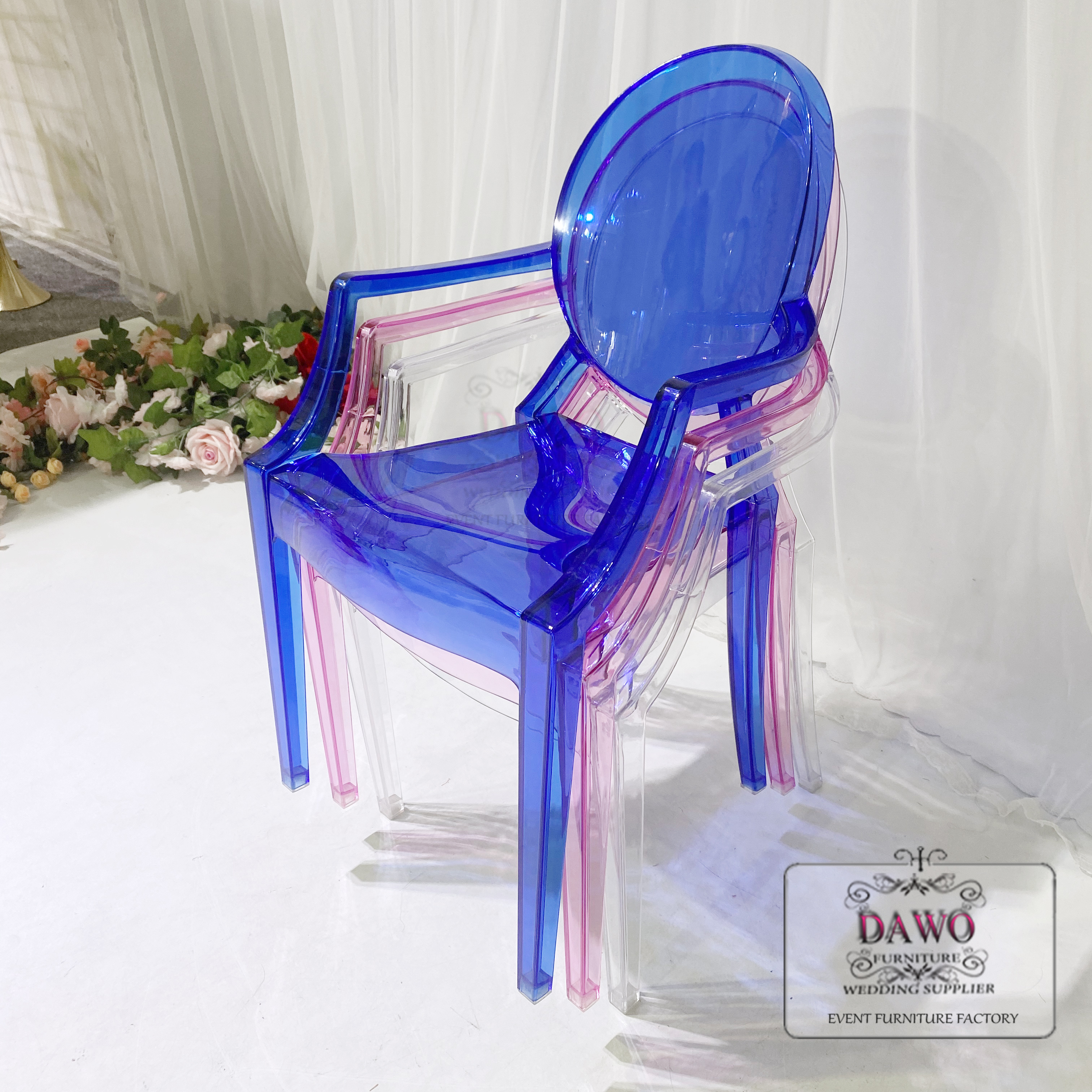 Chaises acryliques bleues pour enfants, meubles transparents en acrylique, vente en gros,