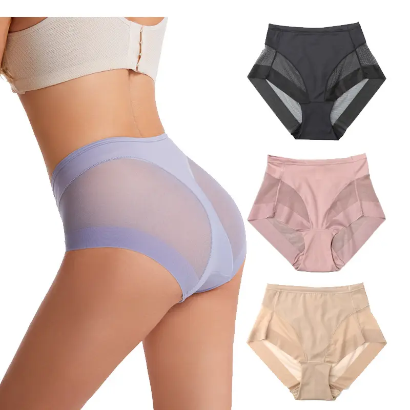 United States mid-waist women's briefs transparent mesh briefs waist waist tuck comfortable ice silk women's under