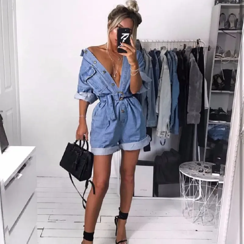 Zomer Vrouwen Casual Denim Romper Hoge Taille Algehele Breed Been Met Zakken Denim Shorts Jumpsuit