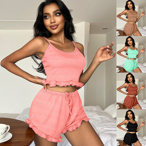 Ensemble de pyjama sexy côtelé dos nu à bretelles croisées et short tendance pour femme, style européen et américain, idéal pour la détente - Product Image 1