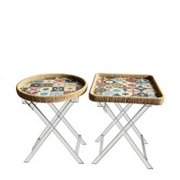 Table d'appoint carrée pliable en acrylique avec bord en corde tressée et mosaïque pour salon et hôtel