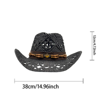 Chapeau de cowboy noir imitation paille en gros |   Chapeaux de festival Panama personnalisés en cuir ajouré et perles de bois, protection solaire pour adultes