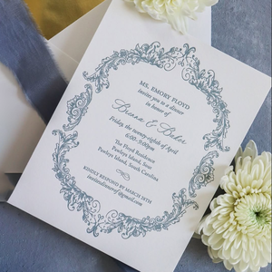 Carte de détails RSVP personnalisée en papier coton, impression Pantone rose poudré, élégance vintage, gaufrage à la presse typographique - Product Image 3