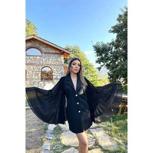 Robe blazer en satin noir à manches plissées, longueur entière, style veste pour femme - Product Image 3