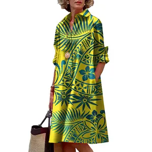 Brand New Turn-down Collar Loose Gowns Luxury Design Polynesian Hawaii Tapa Design Dress Big People 5XL Long Sleeve Dress