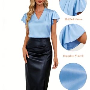Blusa Feminina de Cetim com Decote V e Manga Franzida, Elegante e Sedosa, Casual para o Trabalho, com Mangas Borboleta, Camisa para Mulheres Sehe Fashion - Product Image 4