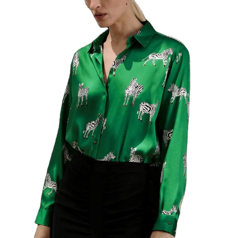 Satin Blouse Women Silk Zebra Print Shirts Long Sleeve Vintage Office Ladies Tops Femme 2024 Fashion Green Elegant Blouses