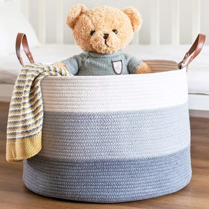 Woven Botton Rope Storage Basket for Nursery Plant and Blanket Large Coiled Cotton Basket with Leather Handle
